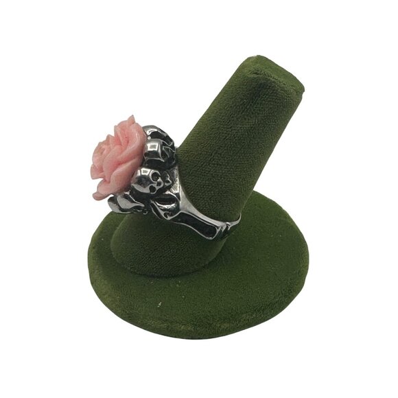 Gothic Pink Rose Skull-Themed Ring With Silver Band - Picture 2 of 7